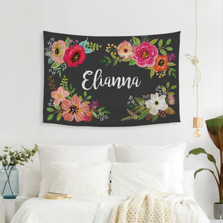Floral on Charcoal Script Name Personalized Large Wall Tapestry