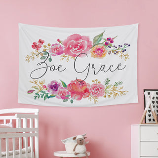 Floral on White Script Name Personalized Large Wall Tapestry