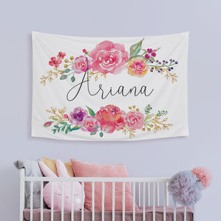 Floral on White Script Name Personalized Large Wall Tapestry