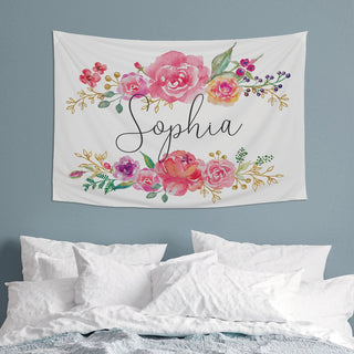 Floral on White Script Name Personalized Large Wall Tapestry
