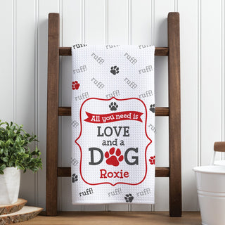 Love and a dog tea towel with name 