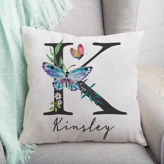 Butterfly floral throw pillow with initial and name 