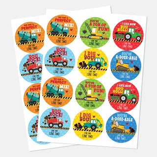 Construction Truck Themed Valentine Personalized Sticker - Set of 48
