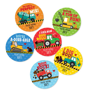 Construction Truck Themed Valentine Personalized Sticker - Set of 48