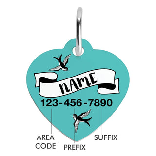Tattoo Themed Teal Personalized Heart Shaped Pet Tag