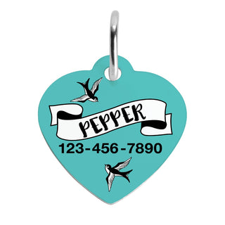 Tattoo Themed Teal Personalized Heart Shaped Pet Tag