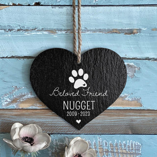 Beloved Friend Pet Memorial Personalized 5" Slate Hanging Heart