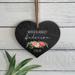 Floral couple hanging heart slate with name and date