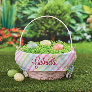 Pink Script Name Personalized Easter Basket with Multi-Color Gingham Liner