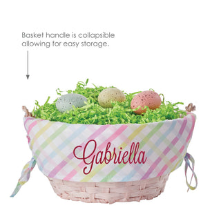 Pink Script Name Personalized Easter Basket with Multi-Color Gingham Liner