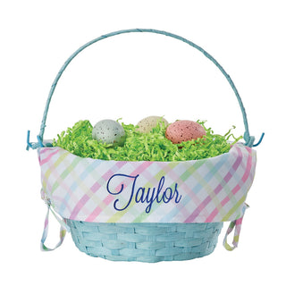 Navy Script Name Personalized Easter Basket with Multi-Color Gingham Liner