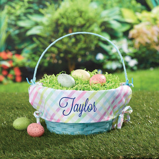 Navy Script Name Personalized Easter Basket with Multi-Color Gingham Liner