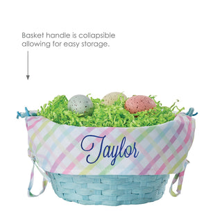 Navy Script Name Personalized Easter Basket with Multi-Color Gingham Liner