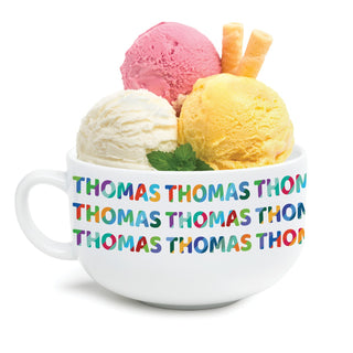 Personalized Ice Cream Bowl with Repeated Name Pattern in Colorful Shades of Blue, Orange, Red, Green