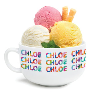 Personalized Ice Cream Bowl with Repeated Name Pattern in Colorful Shades of Blue, Pink, Red, Green