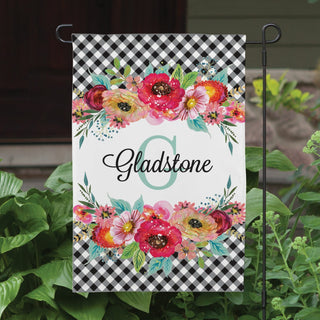 gingham and flora garden flag with name and initial 