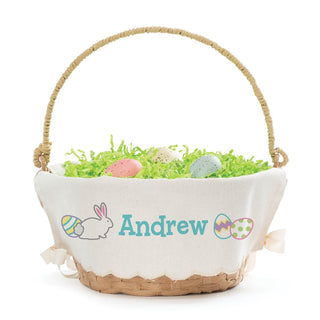 Bunny with Eggs Blue Personalized Easter Basket with Linen Liner