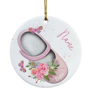 Sweet Floral Pink Baby Shoe Personalized Round Ceramic Ornament