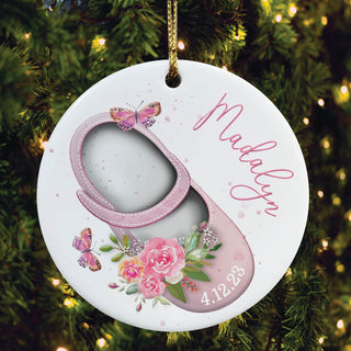 Sweet Floral Pink Baby Shoe Personalized Round Ceramic Ornament