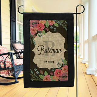 Floral black border garden flag with name and initial