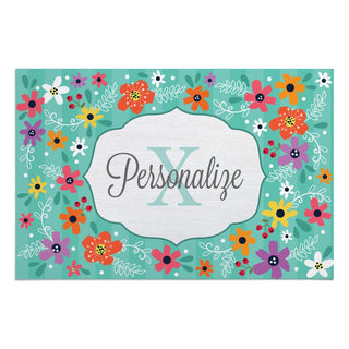 Teal Floral Personalized Doormat - 18x27 Inch, 1/8" Thin