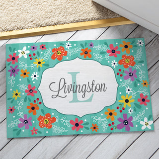 Teal Floral Personalized Doormat - 18x27 Inch, 1/8" Thin