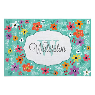 Teal Floral Personalized Doormat - 18x27 Inch, 1/8" Thin