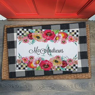 Gingham Check Floral Personalized Doormat - 18x27 Inch, 1/4" Thick