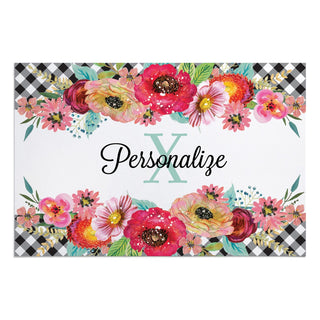 Gingham Check Floral Personalized Doormat - 18x27 Inch, 1/4" Thick