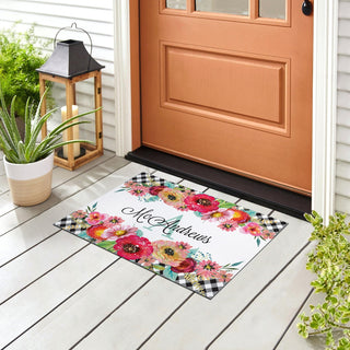 Gingham Check Floral Personalized Doormat - 18x27 Inch, 1/4" Thick