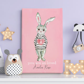 Heart sweater bunny with pink 10x16 canvas