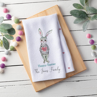Hello Heart Sweater Bunny Personalized Waffle Tea Towel