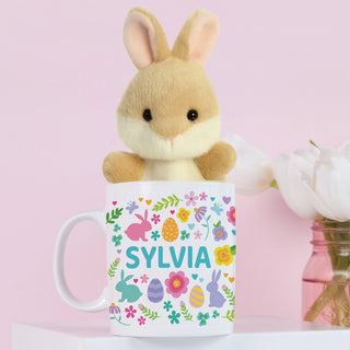 Tan Bunny Palm Pal With Personalized Floral Easter Mug - 11 oz.