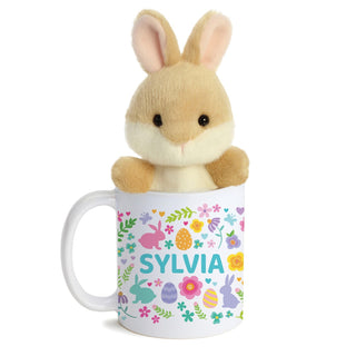 Tan Bunny Palm Pal With Personalized Floral Easter Mug - 11 oz.