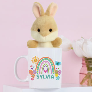 Tan bunny palm pal with rainbow name mug