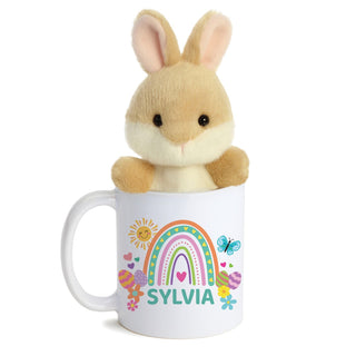 Tan Bunny Palm Pal With Personalized Easter Rainbow Mug - 11 oz.