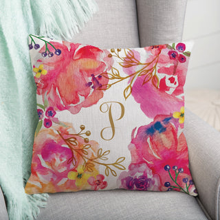 Floral with Script Initial Personalized 17x17 Throw Pillow