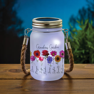 Her flower garden mason jar white lights with names 