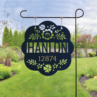 Floral wood garden flag with a name and date