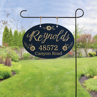 Floral oval garden flag with name and address