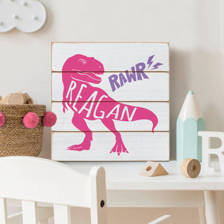 Pink T-Rex Personalized Name Wood Shiplap Art