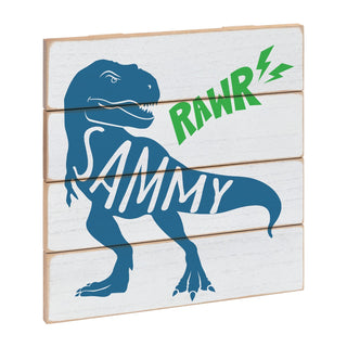 Blue T-Rex Personalized Name Wood Shiplap Art
