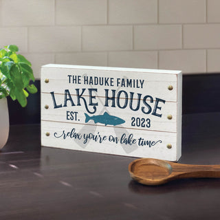 Lake house wood block decor with name and date