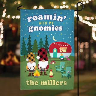 Roamin with gnomies garden flag with family name