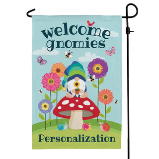 Welcome Gnomies Floral Mushroom Personalized Garden Flag