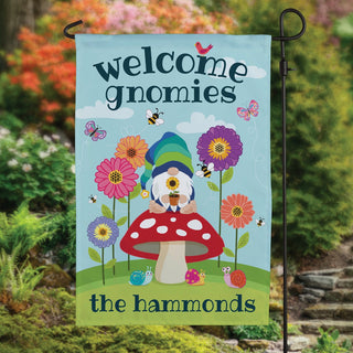 Welcome Gnomies Floral Mushroom Personalized Garden Flag