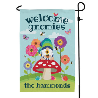 Welcome Gnomies Floral Mushroom Personalized Garden Flag