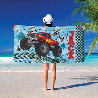 Red truck beach towel with name 