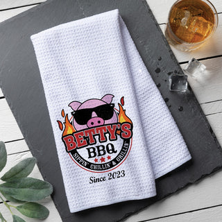 Hog wild bbq waffle tea towel with name and date