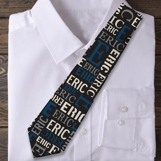 Blue & Gray Name Pattern Personalized Neck Tie